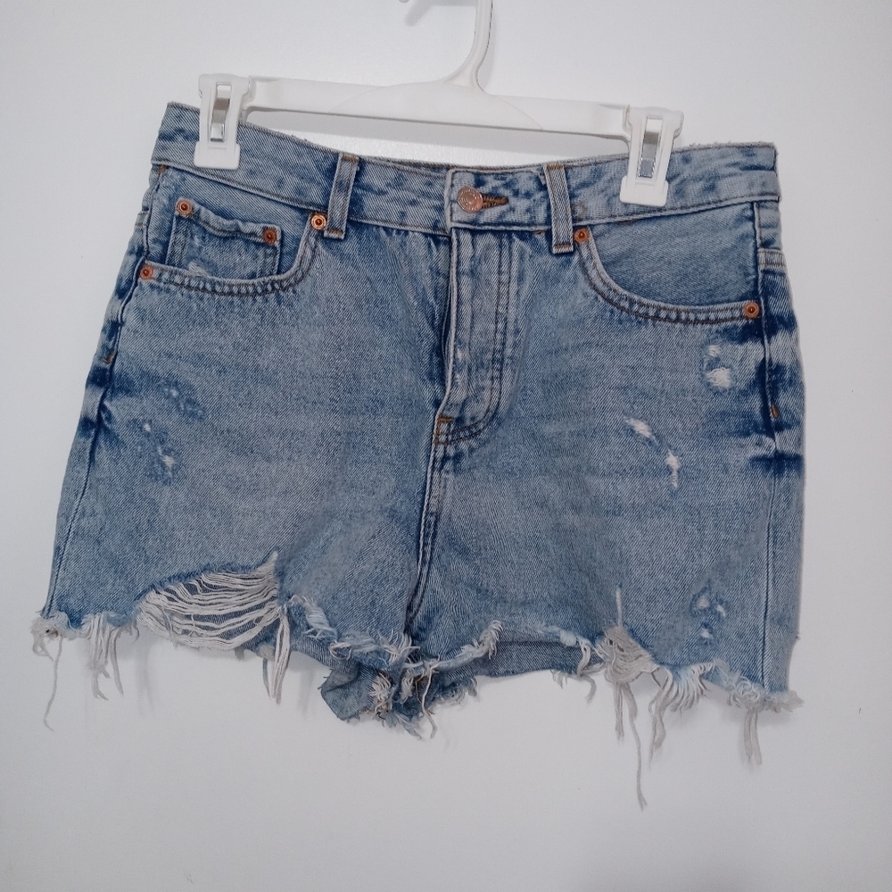 Zara "The Holiday Short" Button Fly Distressed Cut Off Cheeky Denim Shorts